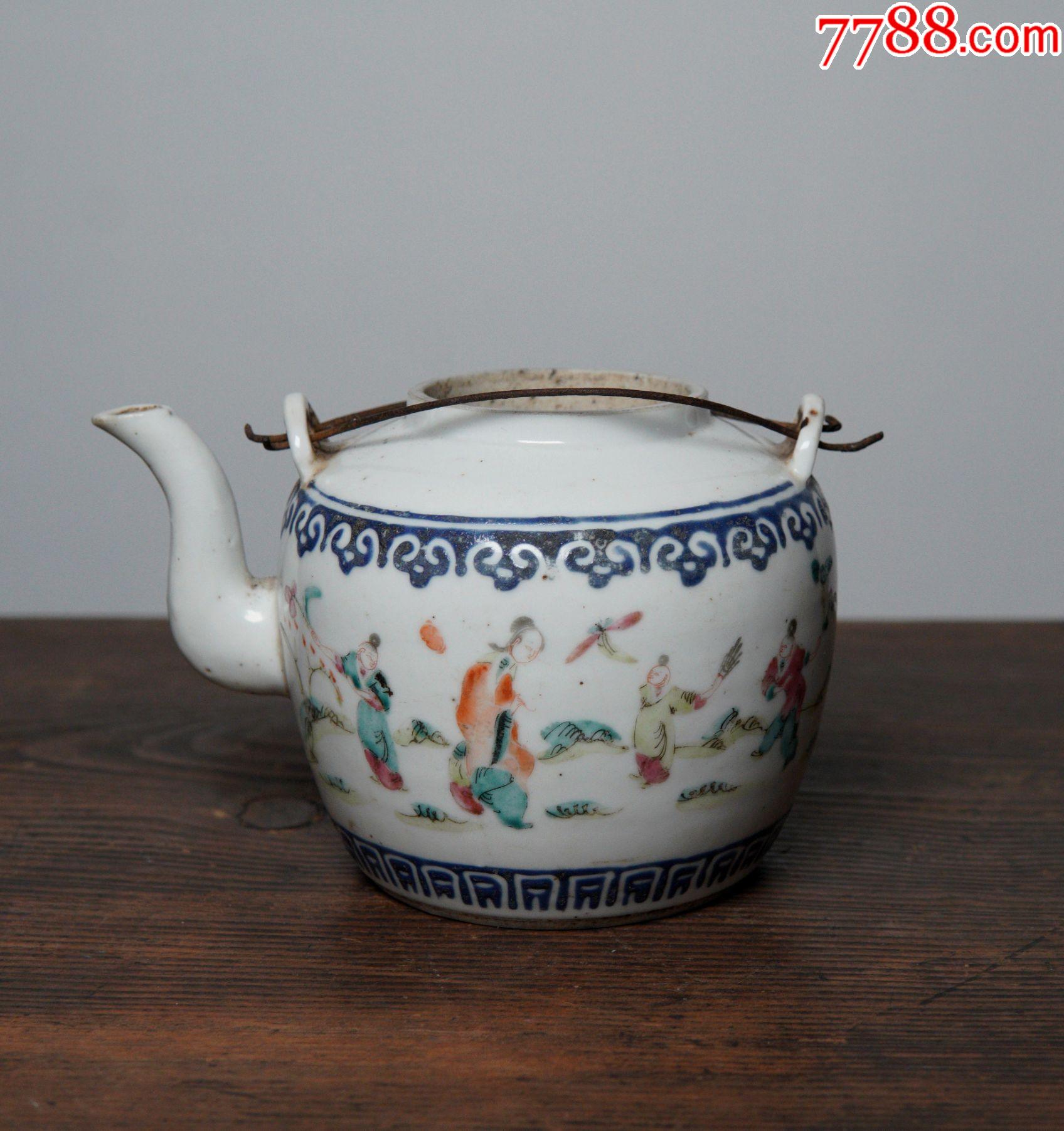 清代同治粉彩人物茶壶瓷壶晚清粉彩瓷老茶壶茶器具_旧瓷器_岁寒堂