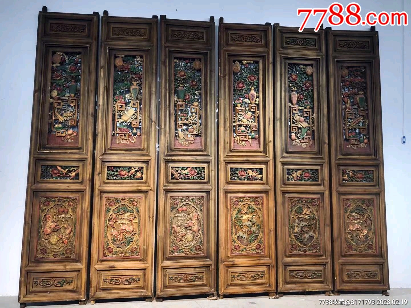 彩绘杉木纯手功屏风6片一套、满功雕刻雅室装修佳品238/50_木门窗_古玩民俗家具【7788收藏__收藏热线】