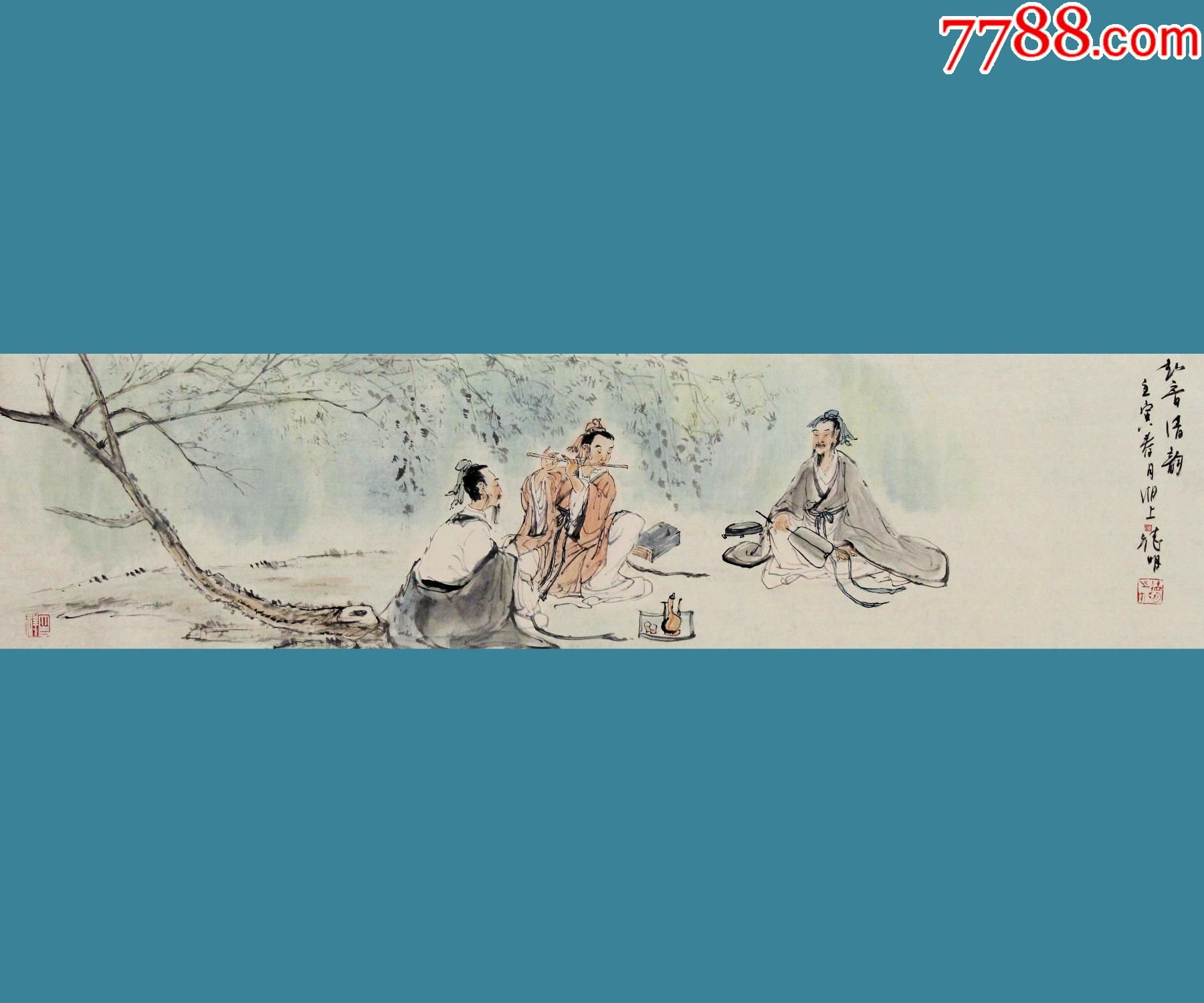 【终身保真】中国美协会员刘德明四尺三对开水墨人物画8柳树高士吹奏_人物国画原作_大开门真迹字画【7788收藏__收藏热线】