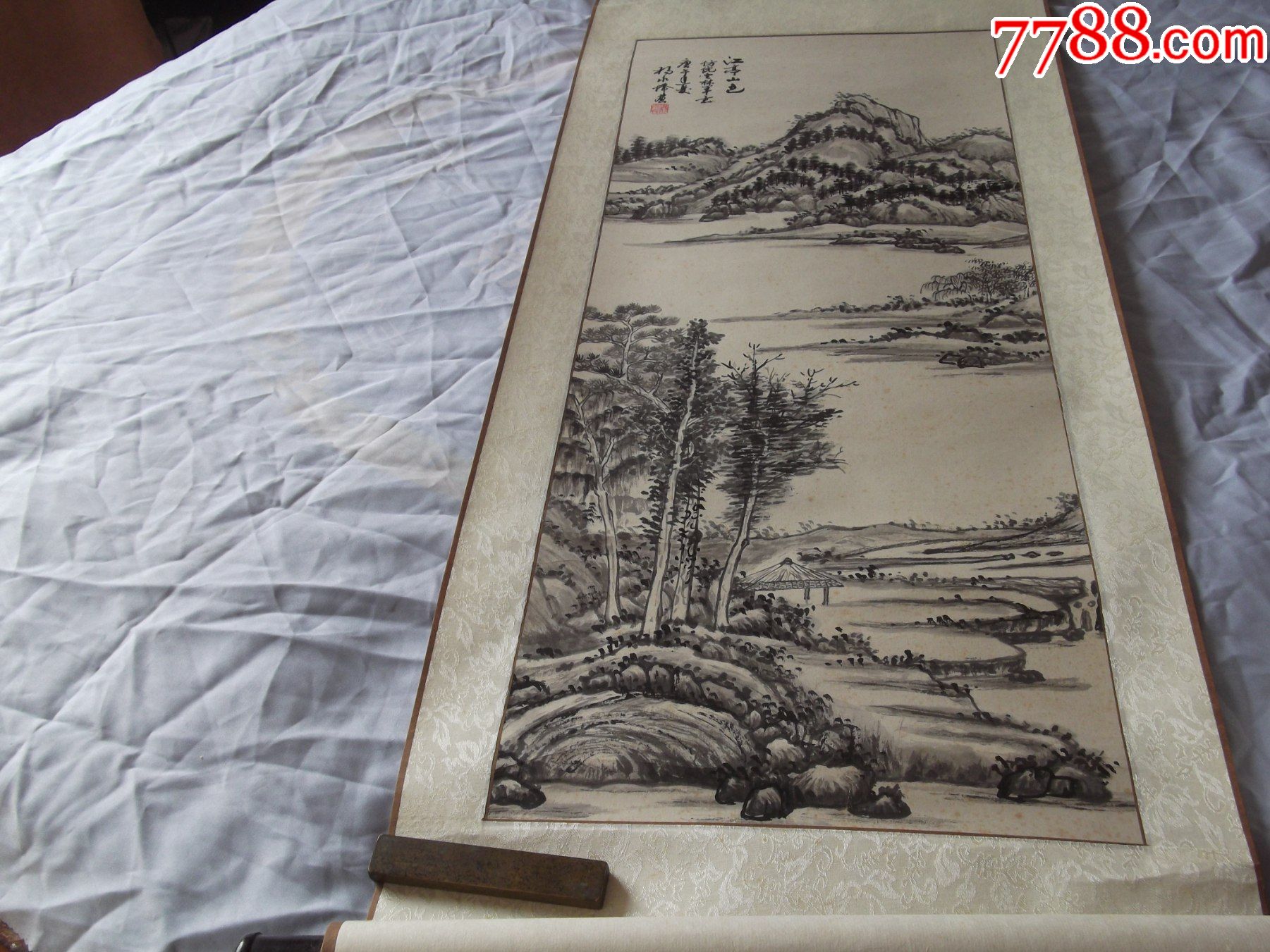 90年,山水国画:江亭山色,仿倪云林笔意,庚午年,杨永怿画,有印章,已装裱,画轴_花鸟国画原作_洛河书店【7788商城】