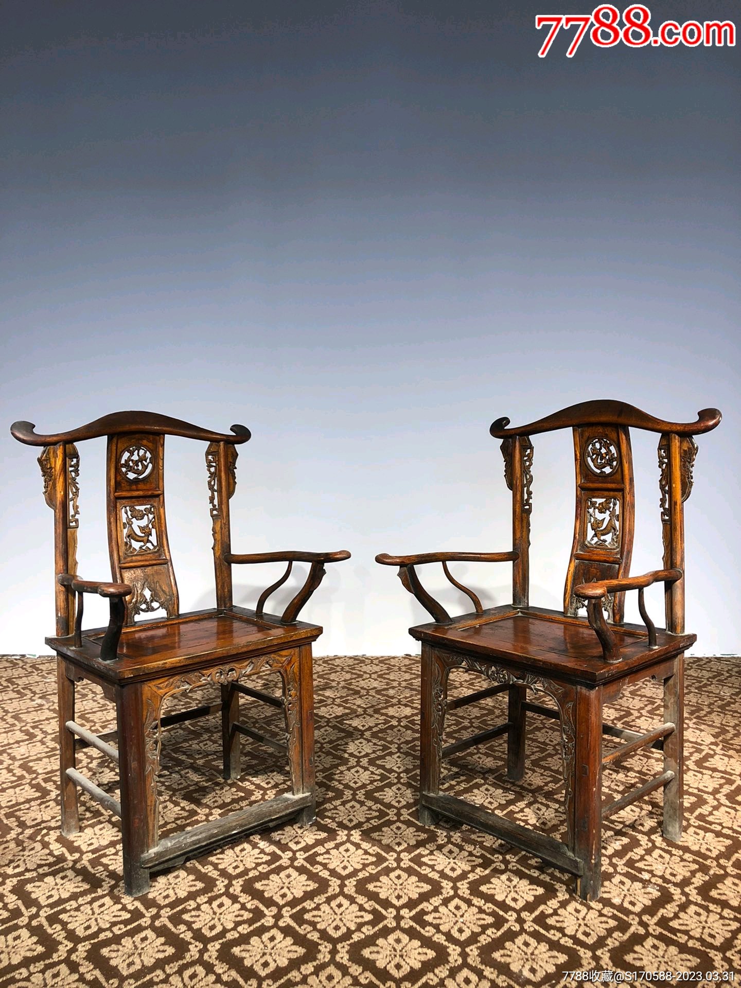 清代榆木大四官帽椅一对,尺寸:长57cm,宽46cm,高113cm,全品无修配,_木椅/凳_民俗老货老家具【7788收藏__收藏热线】