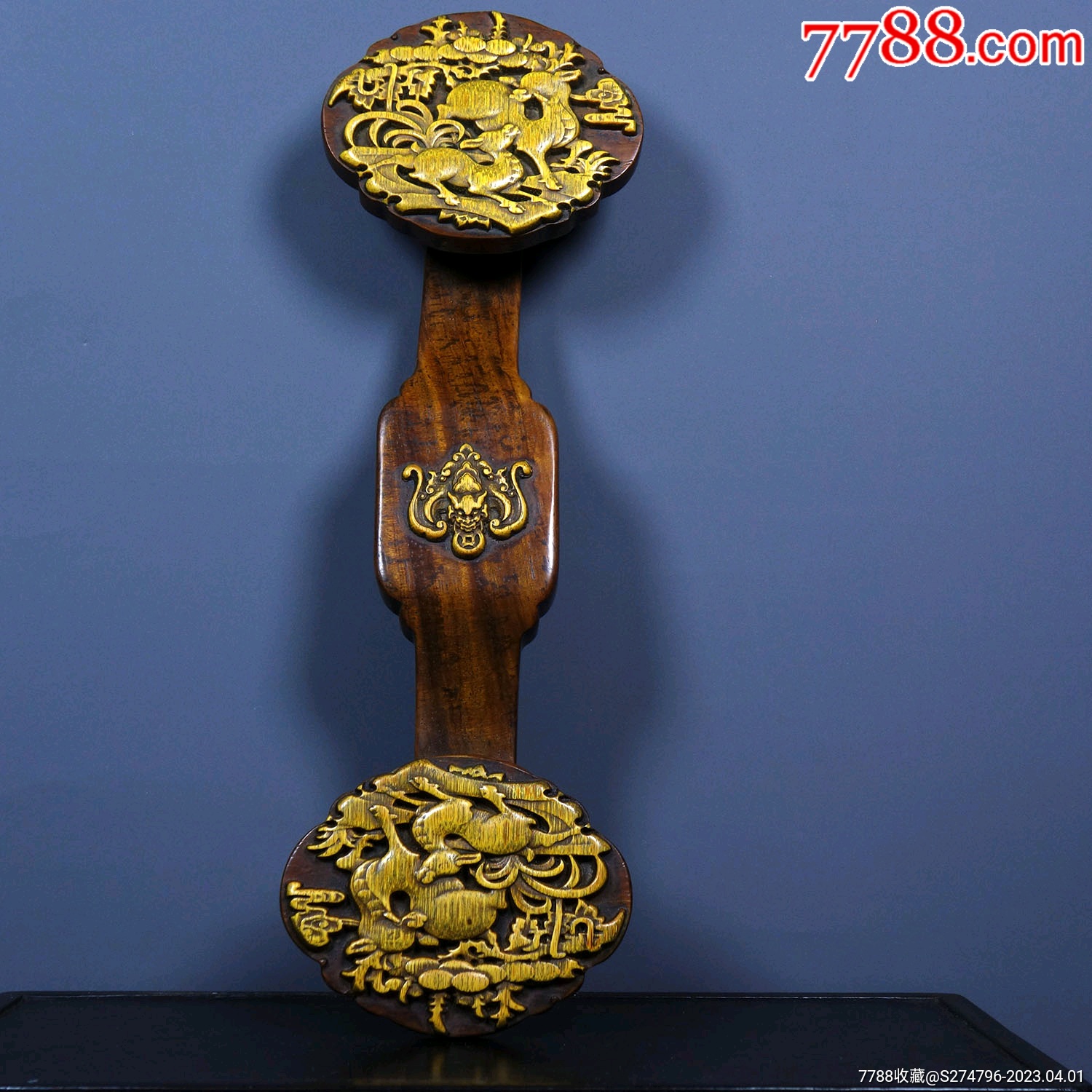 旧藏花梨木镶嵌竹黄双头如意摆件福禄双全_木雕摆件_来客发【7788收藏__收藏热线】