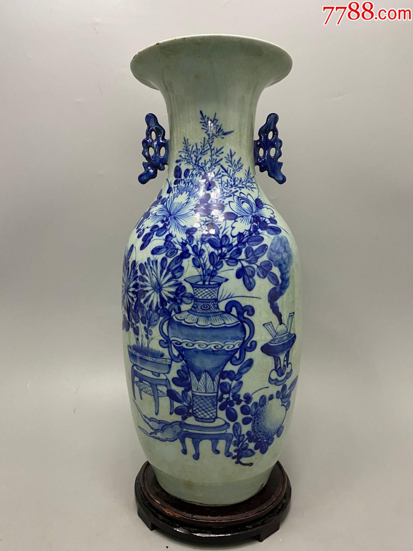 清代北方三百件青花博古大瓶粘一耳尖。口磕粘侧身一纹。器型规整画工一流。名家也不过_青花瓷_诚信通天下【7788商城】