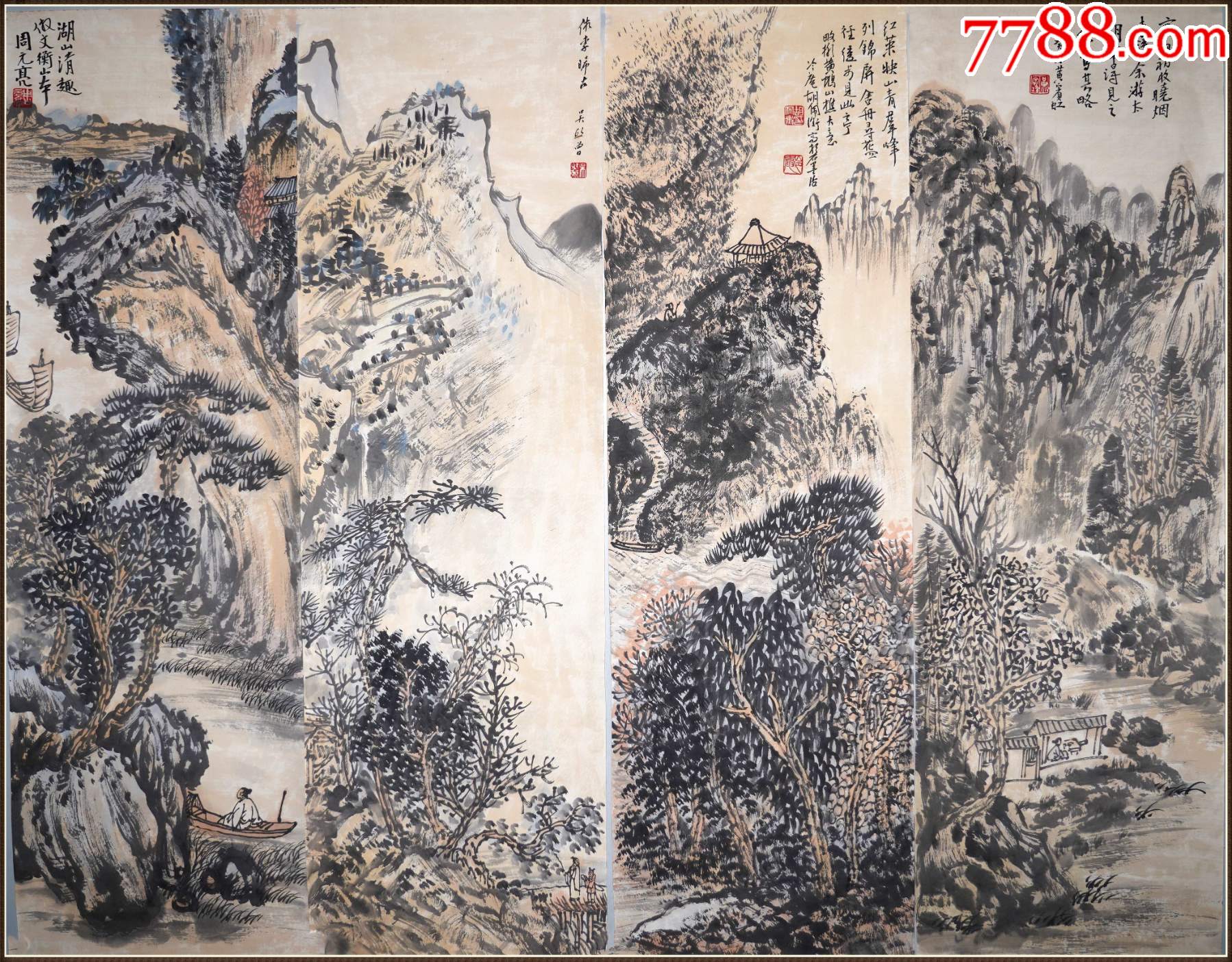 【胡佩衡吴镜汀周元亮黄老】山水四屏_山水国画原作_水墨颜【7788收藏__收藏热线】