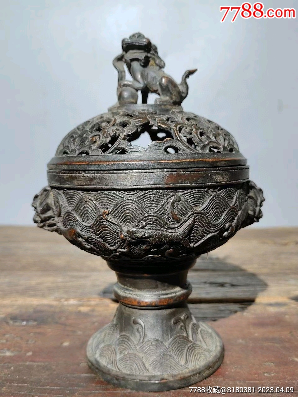 中国古銅花文双耳蓋爐香炉M3921