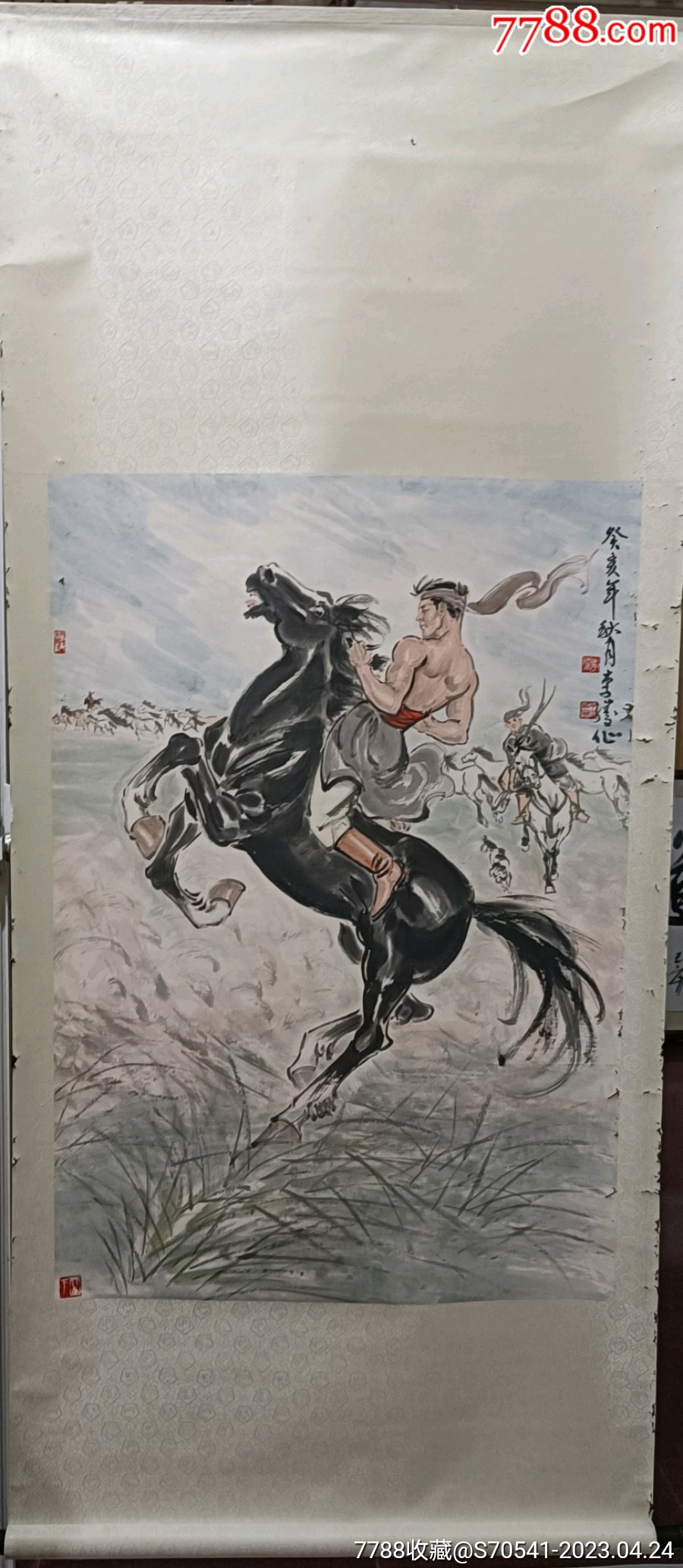 当代画马名家李腾作品：驯马图-人物国画原作-7788红宝书