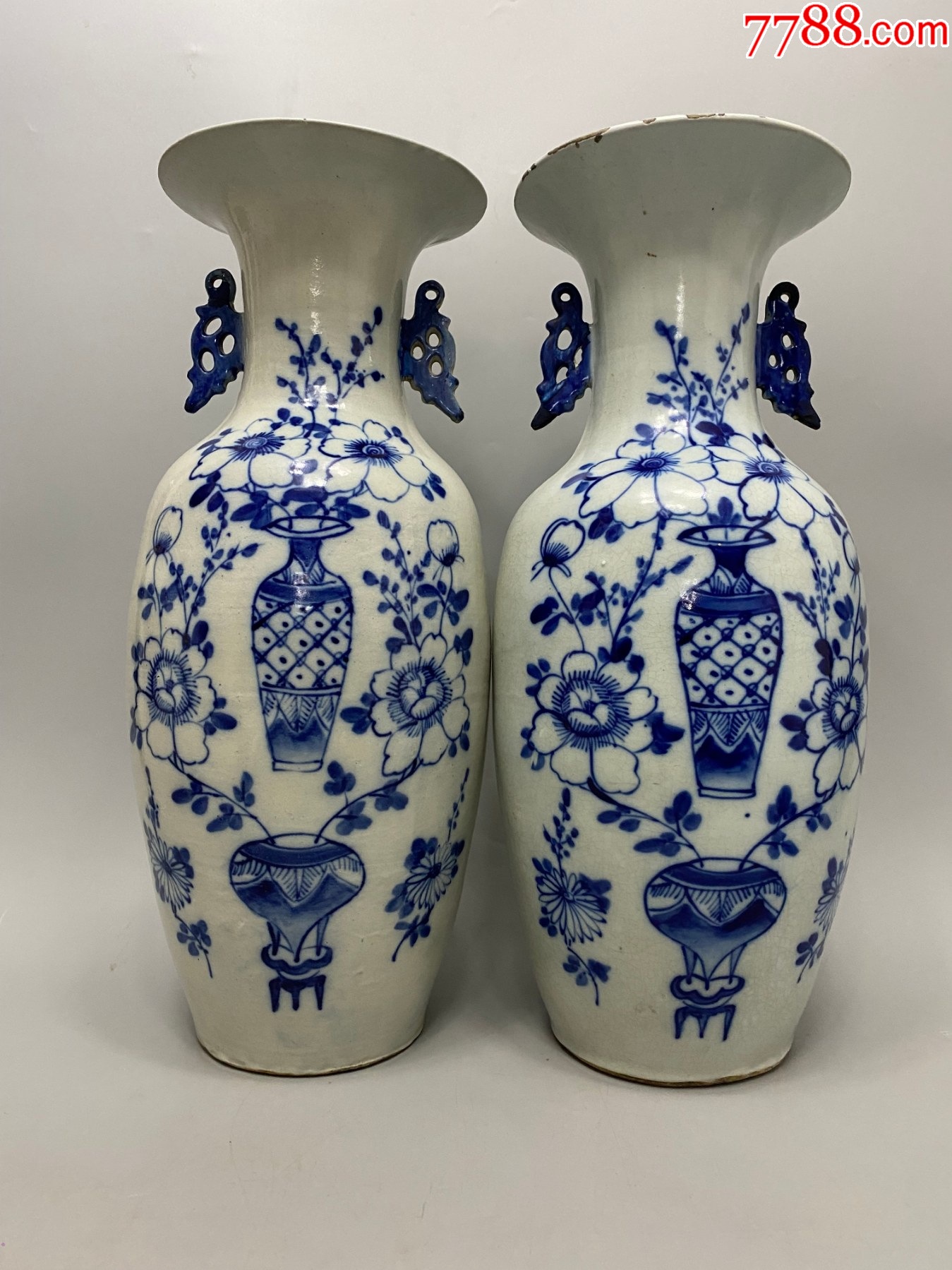清代北方青花博古大瓶一对,古香古色。粘耳尖有纹如图。诚信经营三包快递安全到手。_青花瓷_诚信通天下【7788收藏__收藏热线】