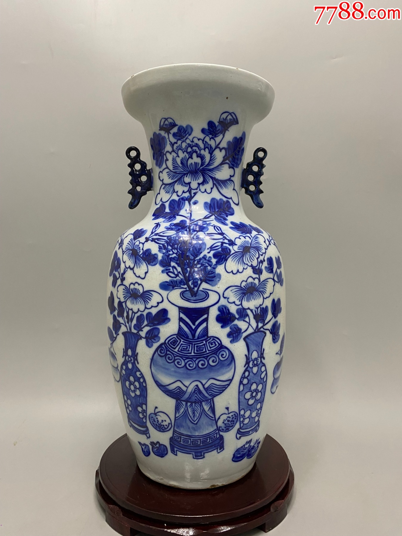 清代北方青花博古大瓶一只。画工精美。包老包邮粘老耳口沿微磕三包快递安全到手_青花瓷_诚信通天下【7788收藏__收藏热线】