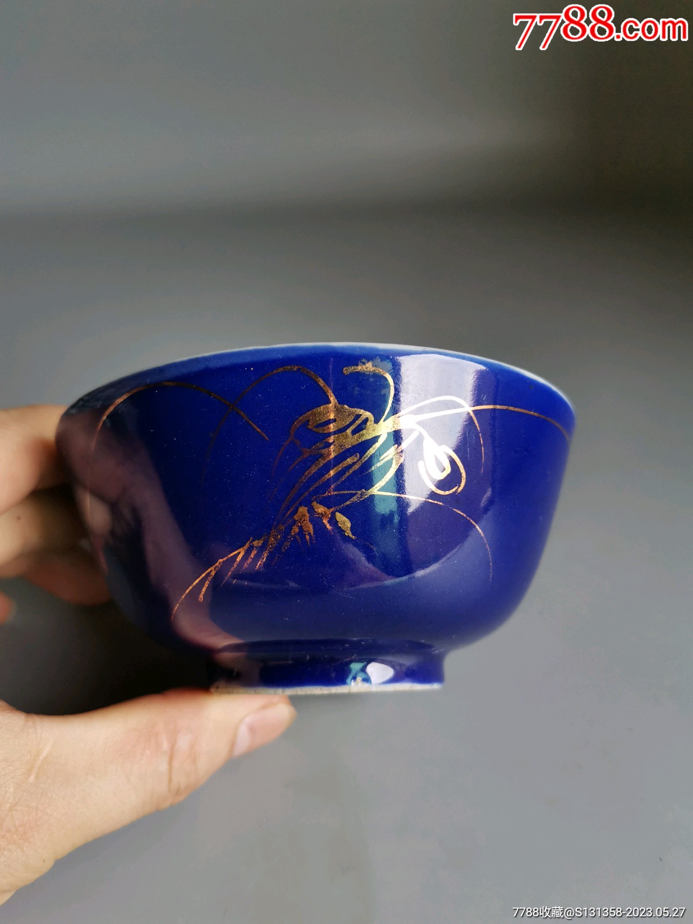 晚清宝石蓝釉描金兰花碗-蓝釉瓷-7788红宝书