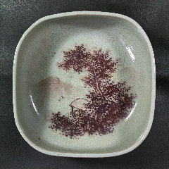 日本名古窑犬山烧名家后藤陶逸青瓷钵,名画家耕坪仙史画片和题诗.