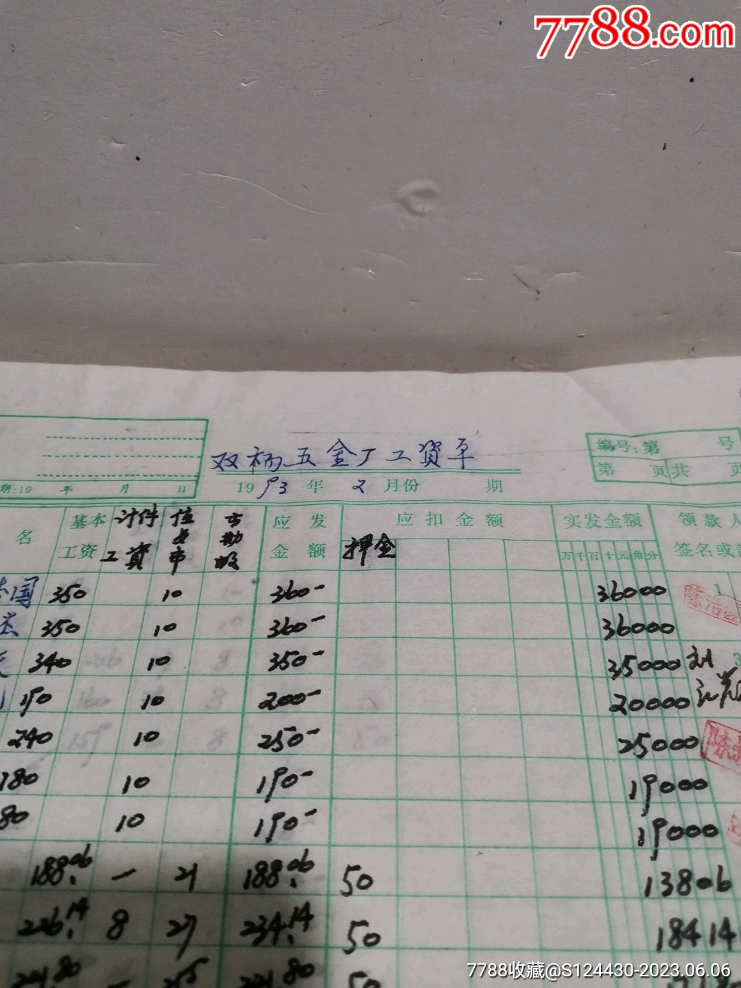 93年/浙江双杨五金厂工资单_其他单据/函/表_第2张_7788钟表收藏