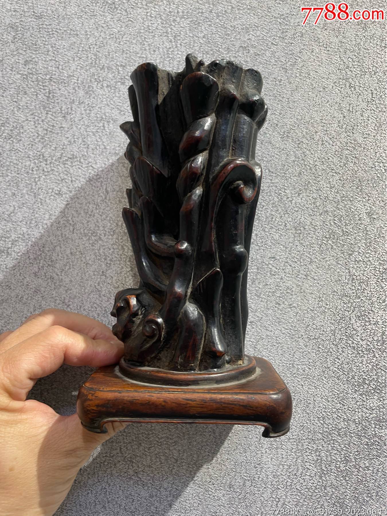 旧蔵 清 紫檀 雕刻 筆筒 牛毛紋清晰 筆道具 文房具 天然木 木製 極細工  