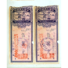 中国人民银行安徽省分行农村货币定额储蓄存单伍万元（2枚）