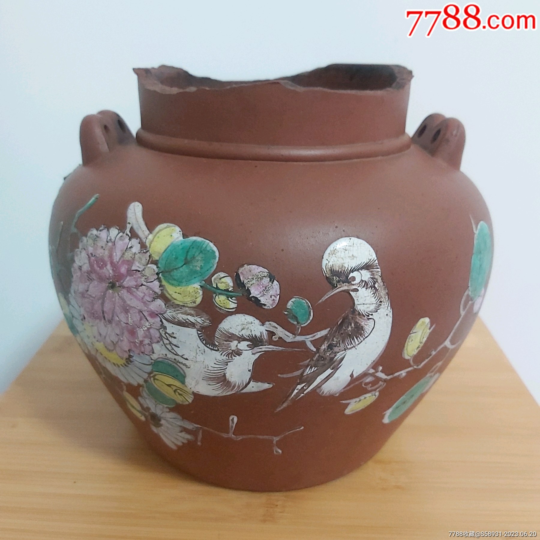 中国　花鳥紋紫砂加彩大壺　送料込み250630 中国 花鳥紋紫砂加彩大壺 送料込み250630 中国 花鳥紋紫砂加