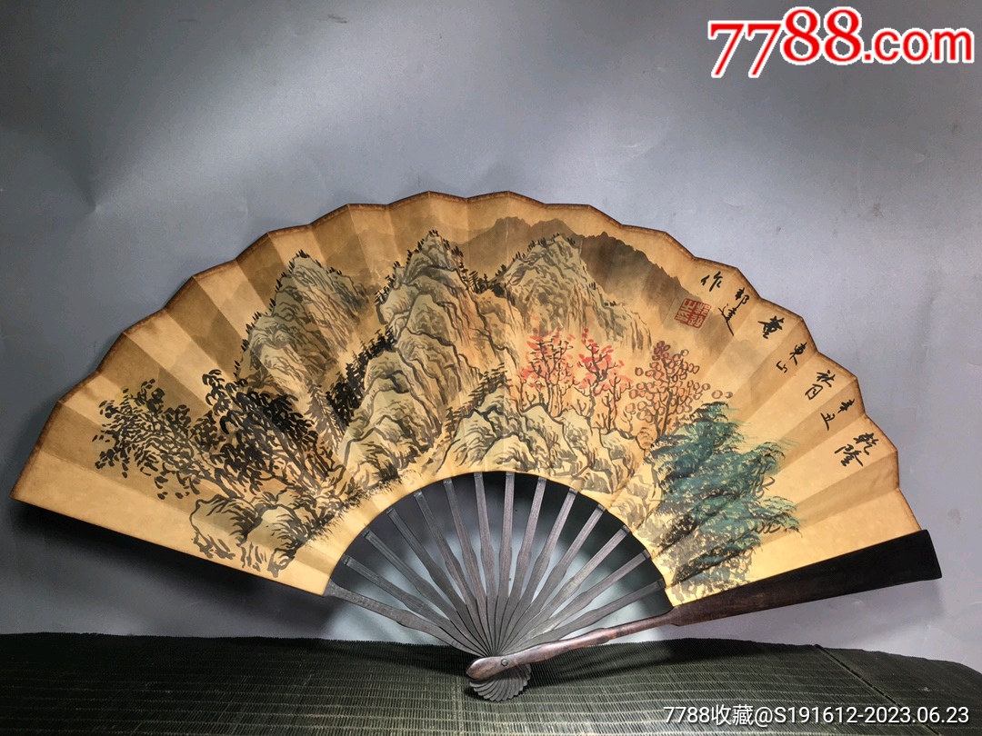 檀木手绘折扇,扇面展开宽61厘米,长30厘米_折扇/纸扇_作品图片_收藏价格_7788纸艺