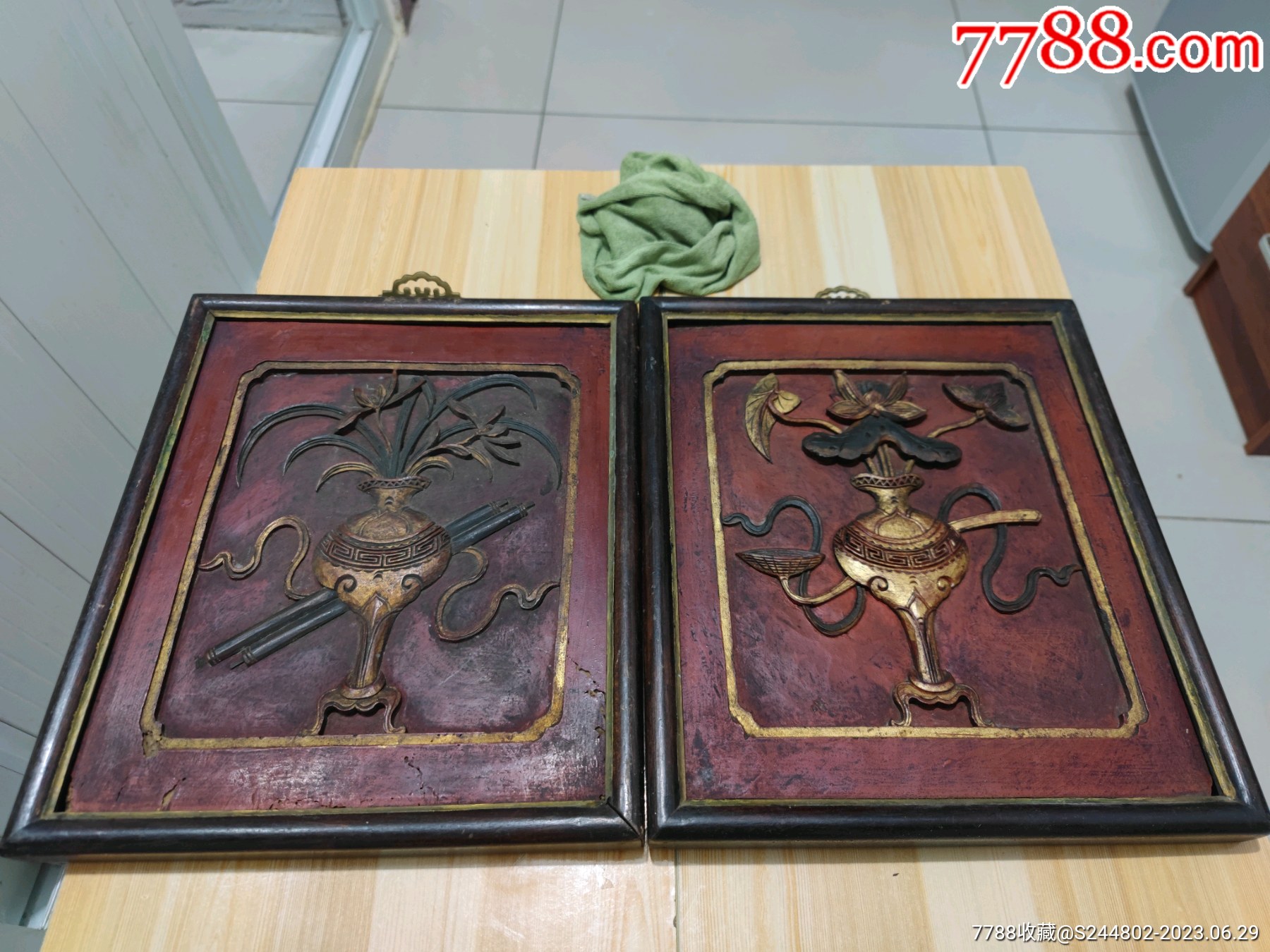 晚清民国木漆花板一对。_木雕花板_古玩杂项鬼市摊位【7788商城】