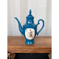 80年代博山陶瓷锦青釉绶带鸟茶壶-蓝釉瓷-7788旧书网