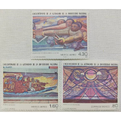 墨西哥邮票1979年世界遗产墨西哥国立大学西凯罗斯壁画3枚