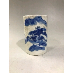 清中期哥釉青花山水人物笔筒_青花瓷_康桐强【7788旧书网】