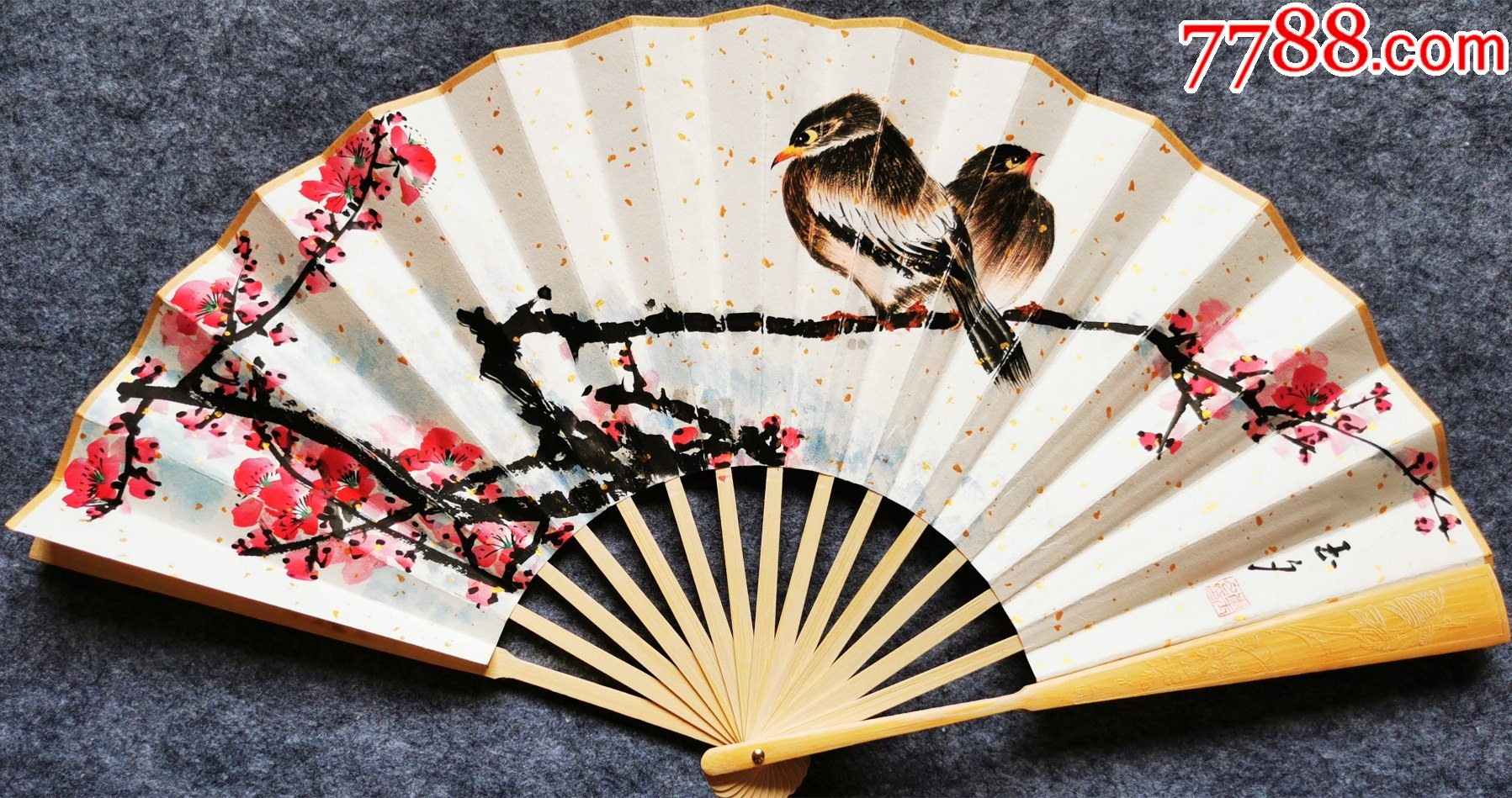 【亦风斋签约画家】国家一级美术师李玉夕手绘竹柄雕花折扇8：正面花鸟，背面书法_其他生活用具_亦风斋书画【7788收藏__收藏热线】
