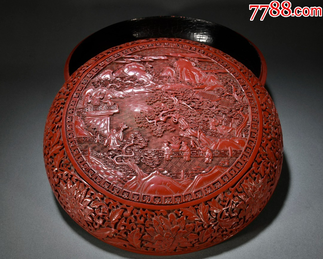 剔红漆器山水人物图捧盒-漆盒-7788红宝书