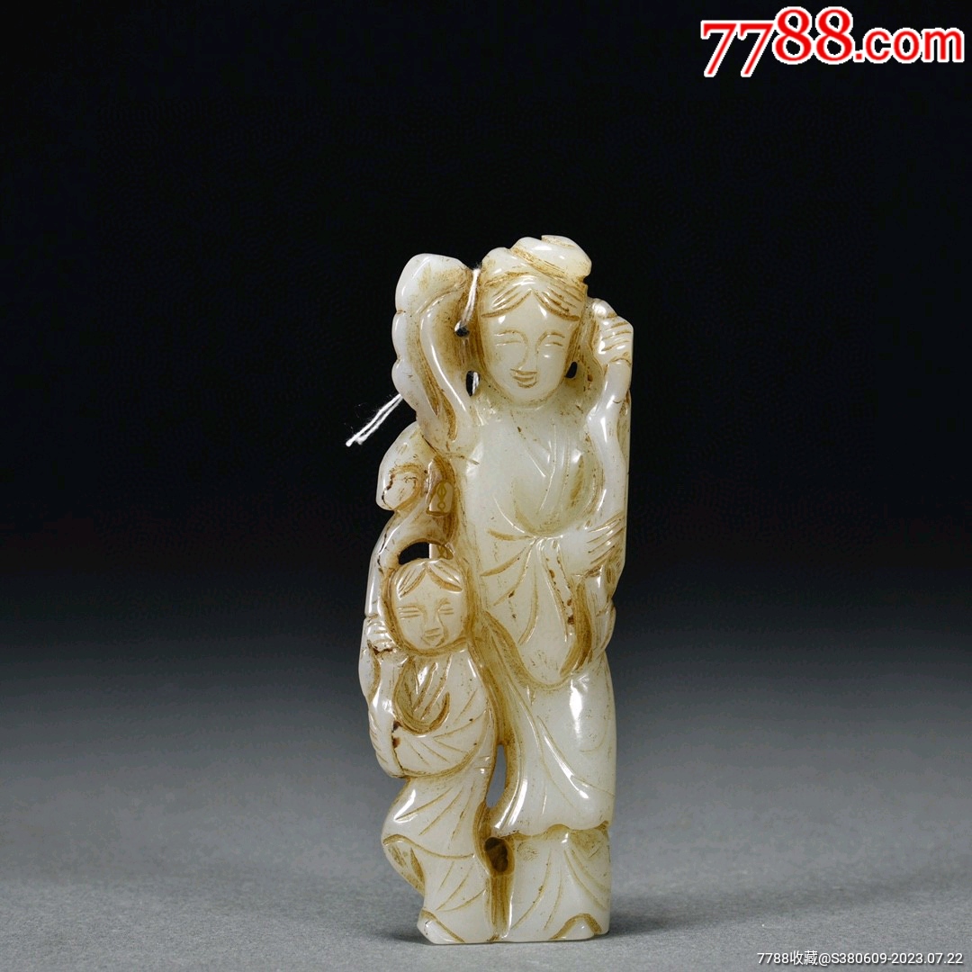 ▽鴻▽ 和田玉製 細密彫 執蓮童子 置物 古賞物 中国古玩 中国古美術