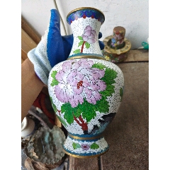 2458 七宝焼　景泰藍　琺瑯　花瓶 日本明治景泰藍銅胎掐絲琺瑯瓶燒青手繪手工早期花葉圖形雷紋印