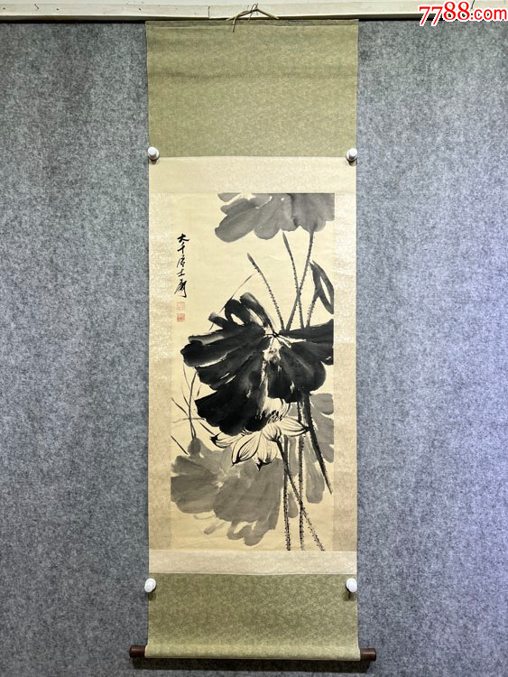 古董老字画老书画名家字画传世近现代名家张大千莲花水墨画送礼