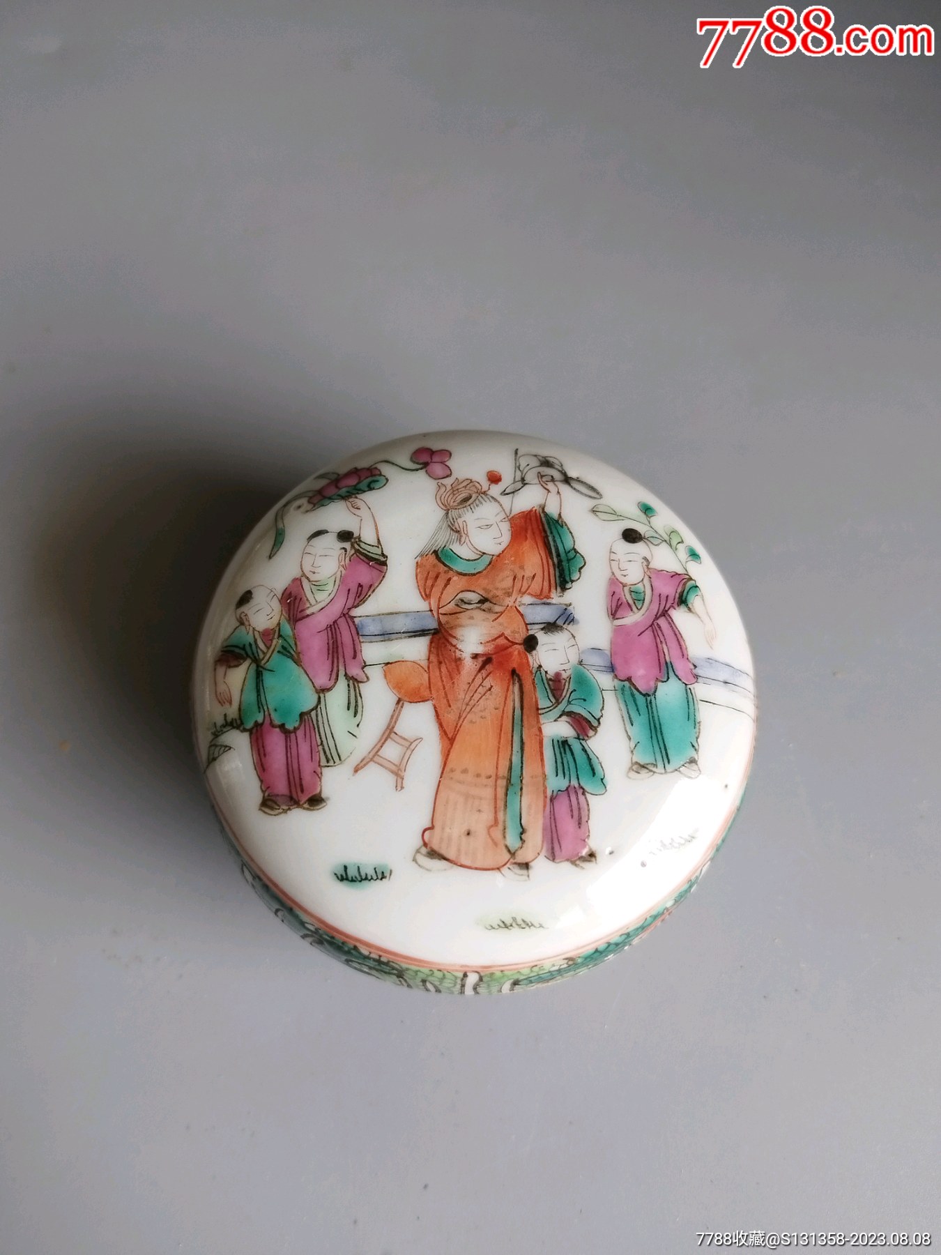 晚清粉彩百财五子夺魁人物粉盒全品_旧瓷器_青花瓷迷【7788旧书网】