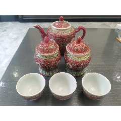 56十年代、（萬壽無疆·百花不落地）茶壺+一對小罐+3只茶杯_彩繪瓷/彩瓷_￥205