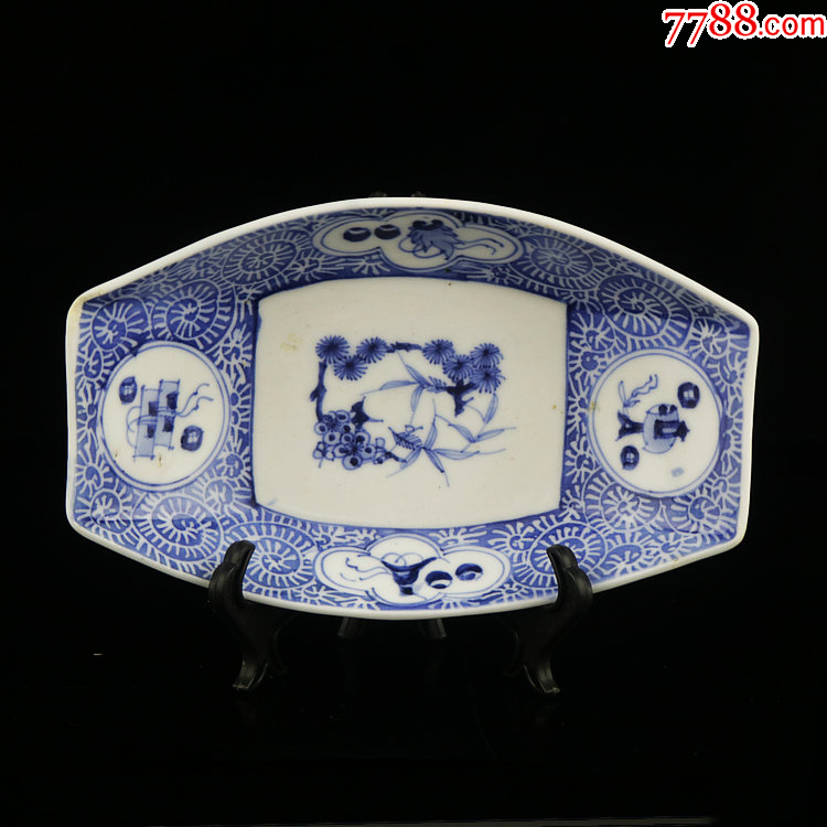 【海外回流】伊万里青花染付博古纹松竹梅岁寒三友隅切四角皿_青花瓷_欧宝藏品【7788收藏__收藏热线】