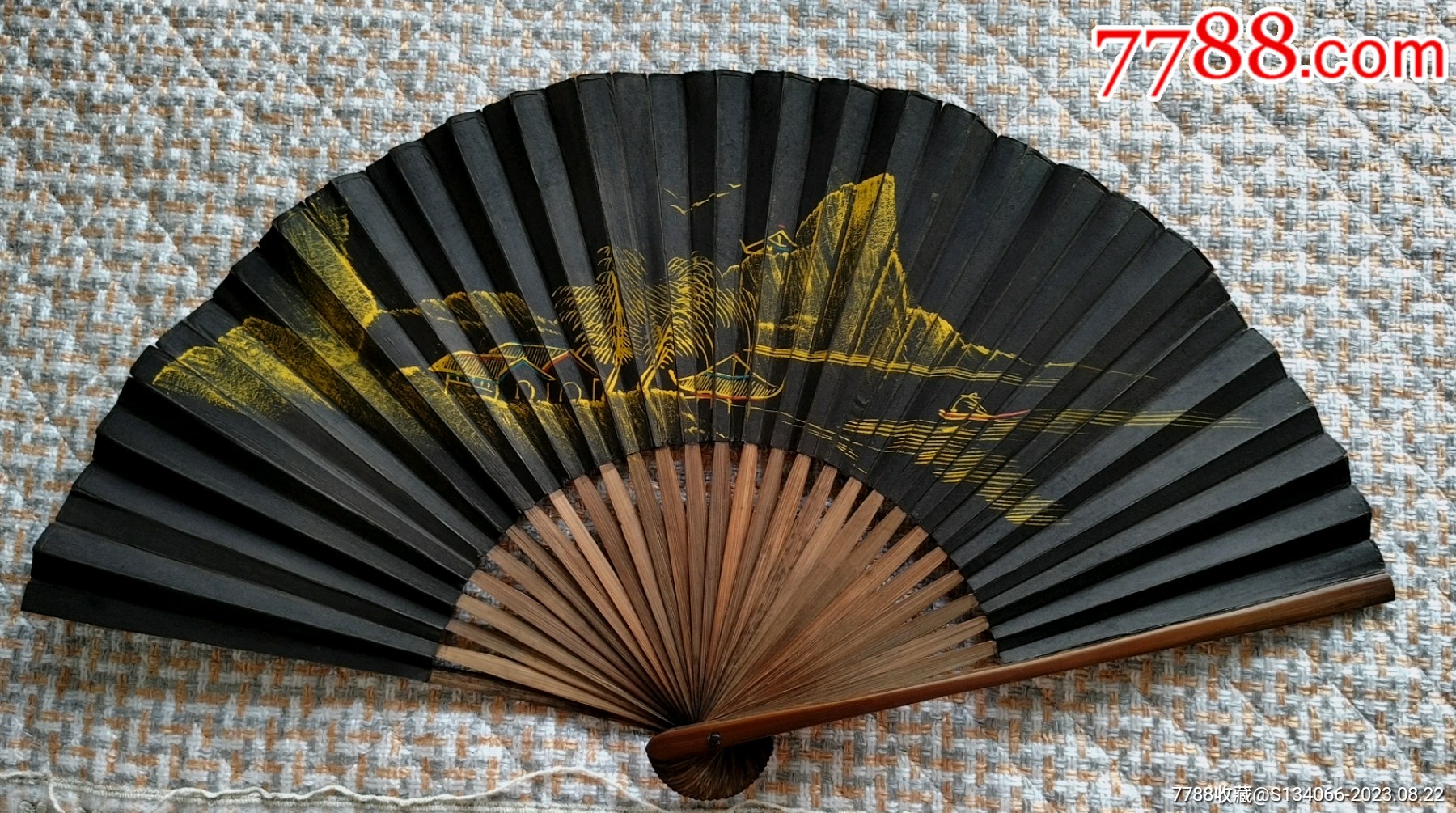 描金山水黑纸折扇，老竹扇_折扇/纸扇_图片价值_收藏交易_7788小人书