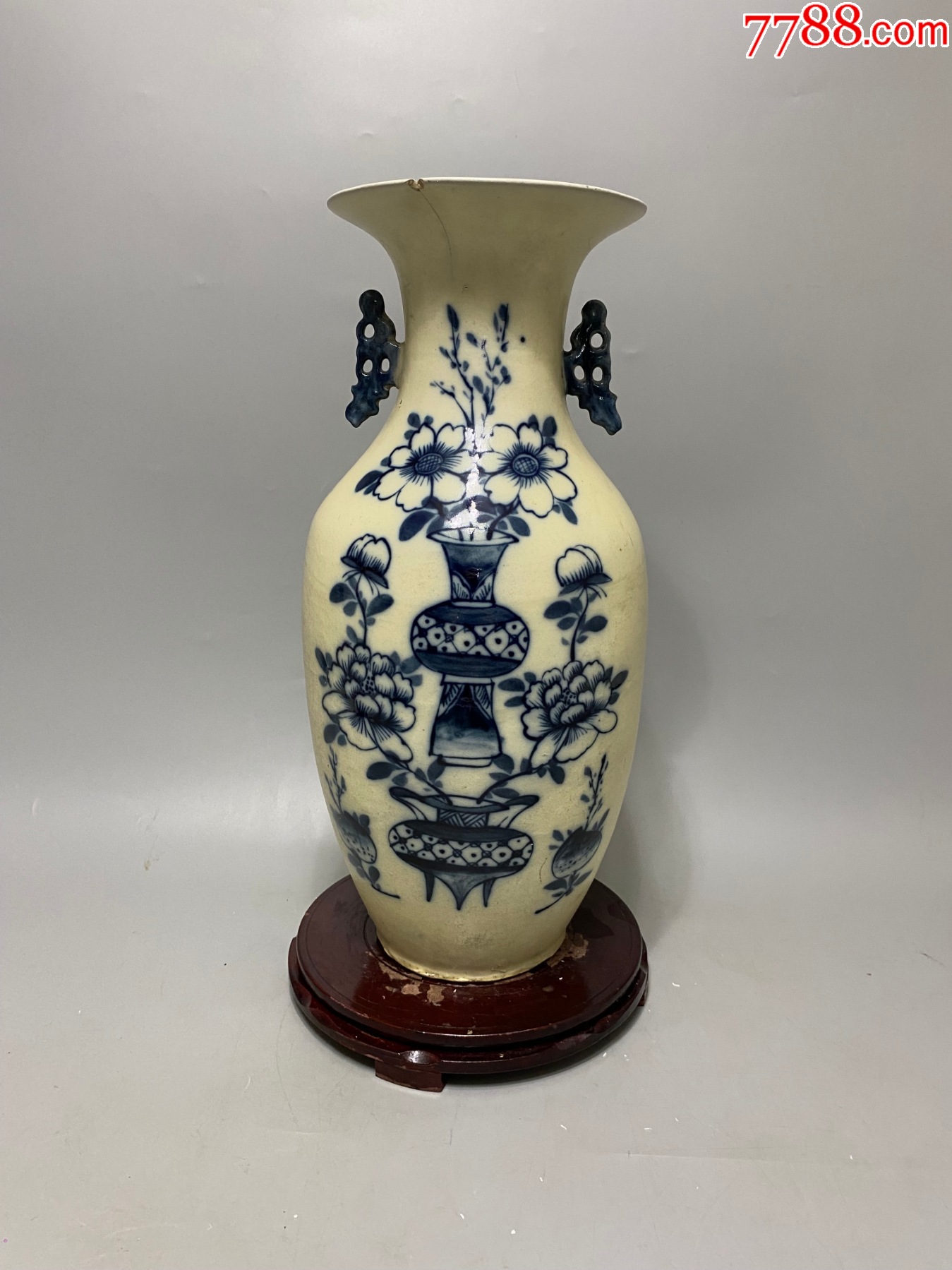 清代北方青花博古大瓶一只。古香古色口沿小磕纹。永久保真三包快递安全到手。_青花瓷_诚信通天下【7788收藏__收藏热线】