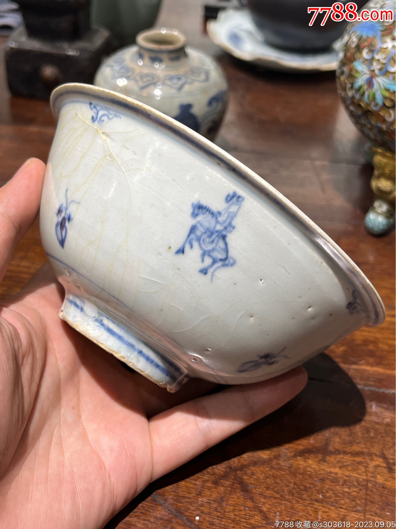 明代青花「五仙游图」细路子折沿碗，“明大粗”中的“明大细”，五位仙人画的都相当有_青花瓷_玩古怡情【7788收藏__收藏热线】