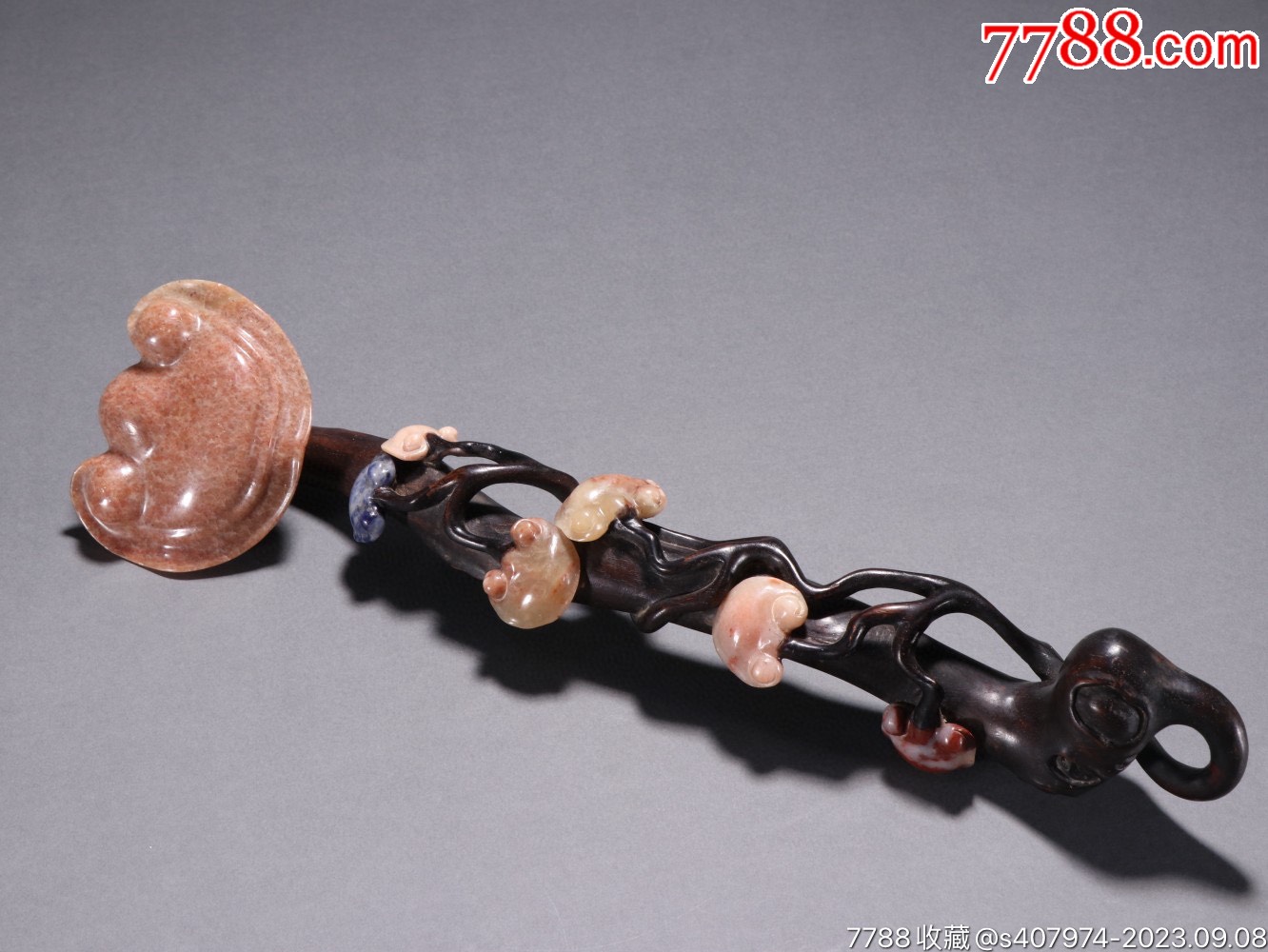 清代紫檀嵌芙蓉石灵芝纹如意-价格:3500元-se96074948-其他根雕/木雕-零售-7788收藏__收藏热线
