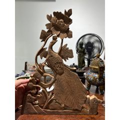民国左右樟木雕「凤穿牡丹」花板/摆件-1，整木镂空雕刻，樟木具有驱