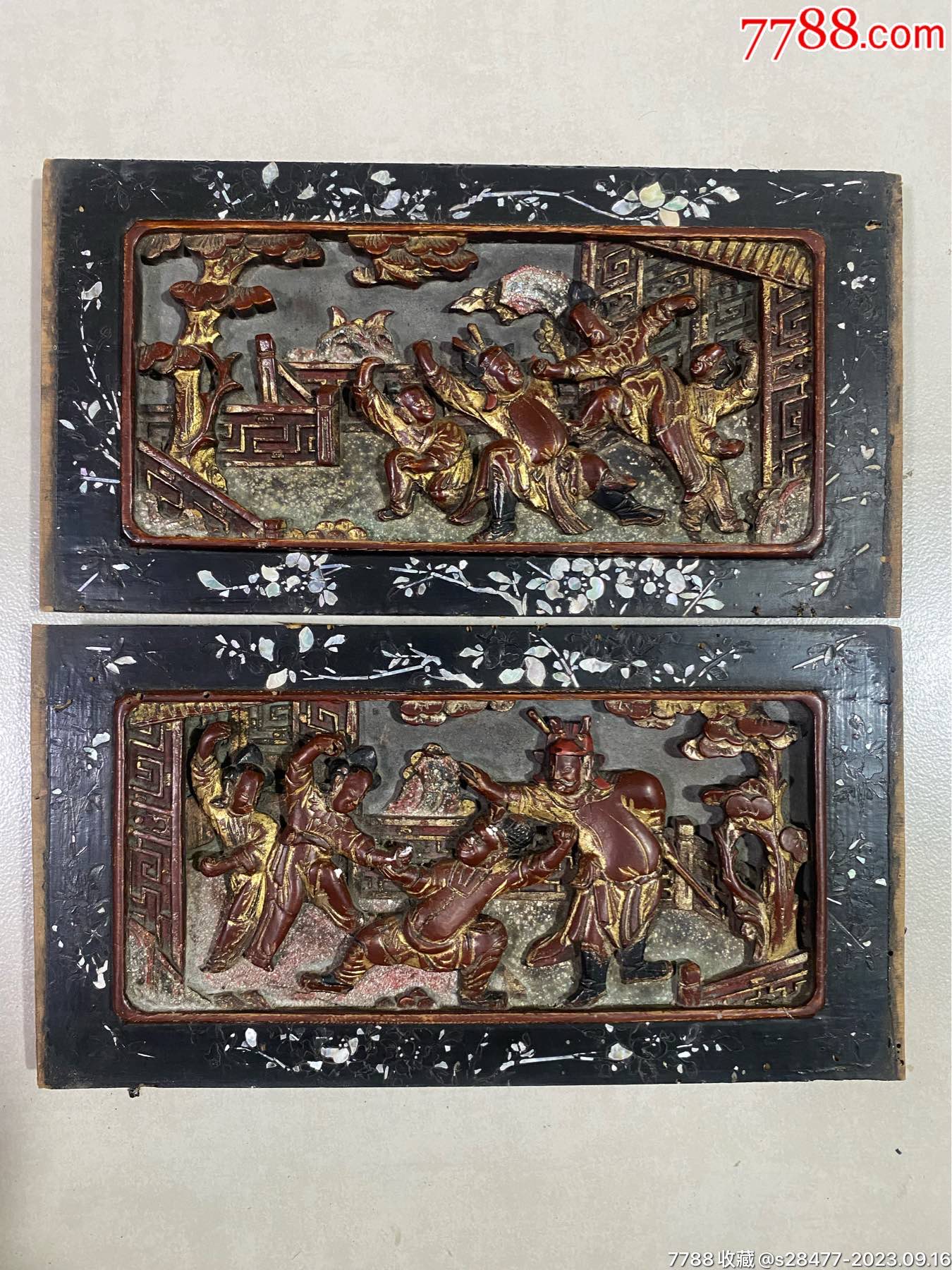 清中期鎏金人物故事花板-对_木雕花板_图片欣赏_收藏价值_7788画册网