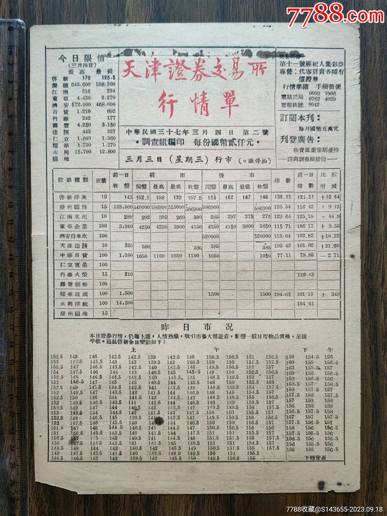 民国天津证券交易所行情单_股票/集资券_第1张_7788集邮网