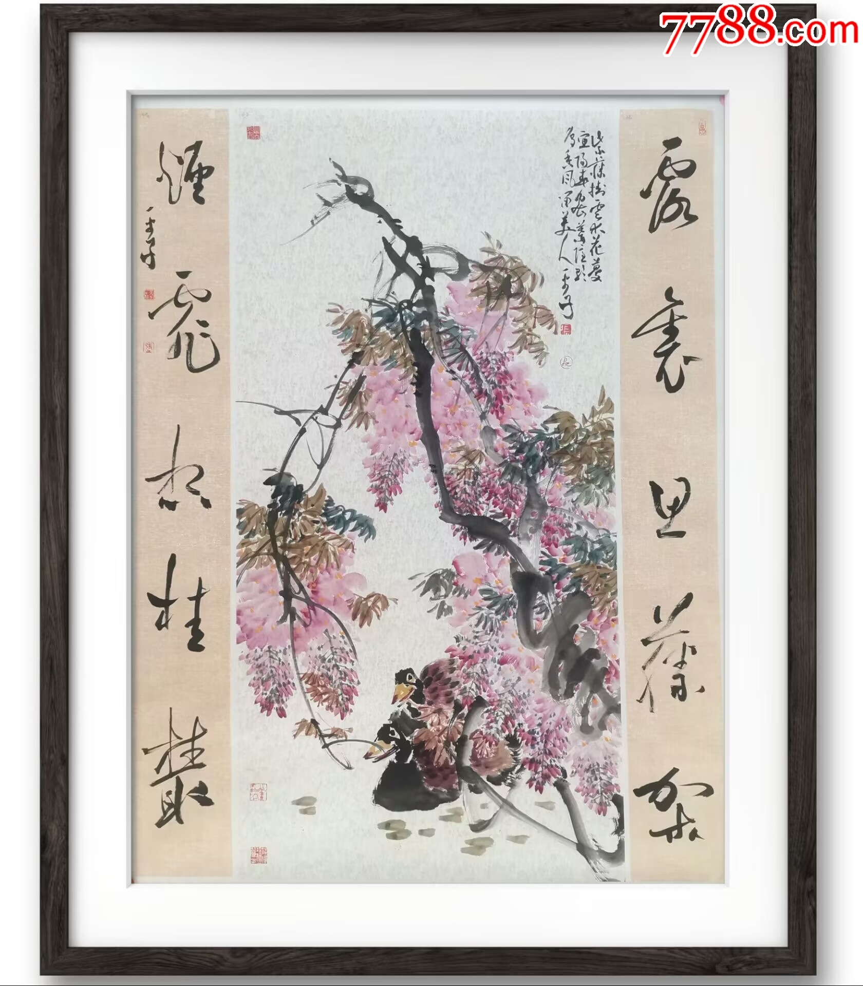 原装表・大判 花鳥画　紅銘款　絹本掛軸　120×56cm 原装表・大判 花鳥画 紅銘款 絹本掛軸 120×56cm