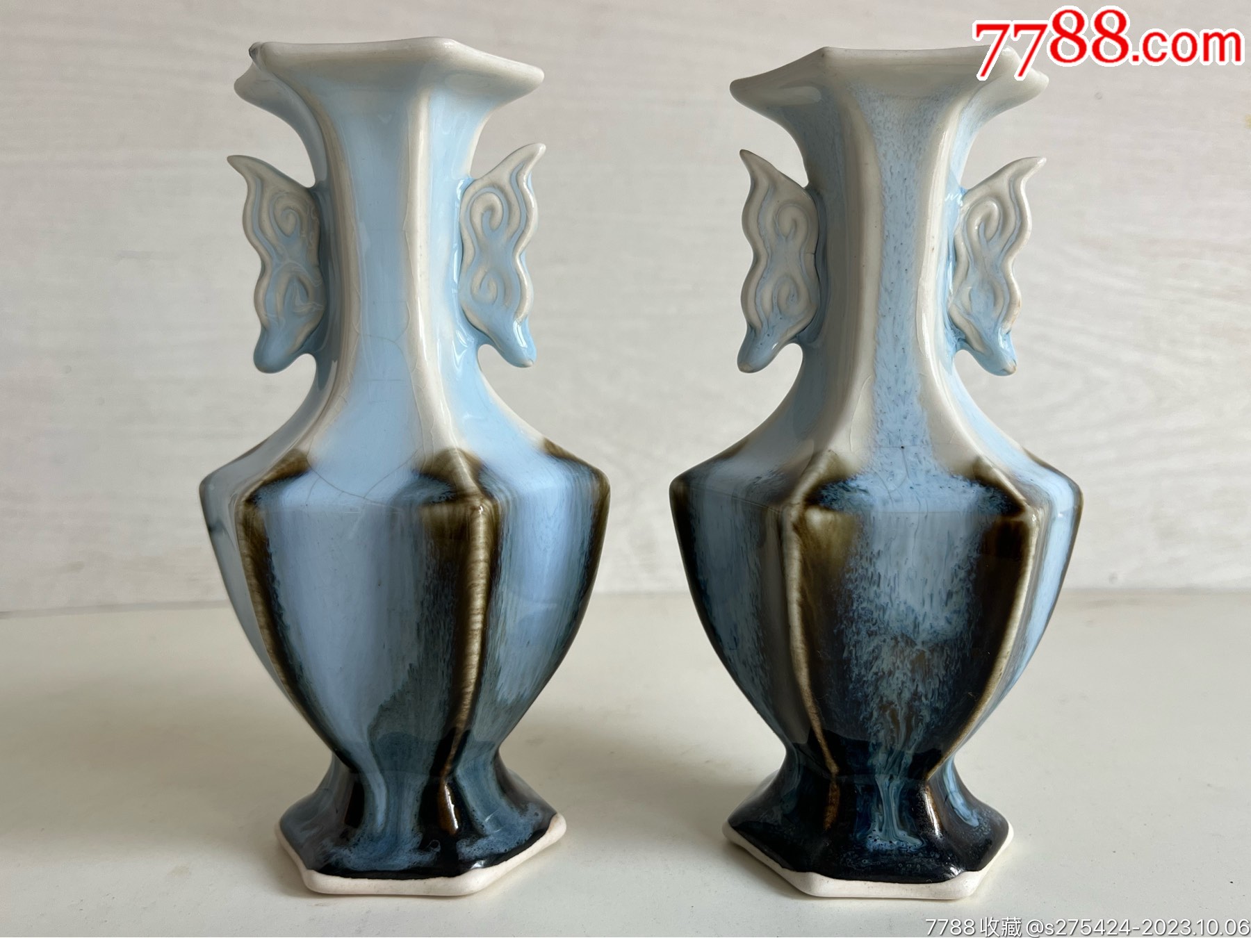 八十年代钧窑钧瓷花瓶一对怀旧民俗-花釉/窑变瓷-7788旧书网