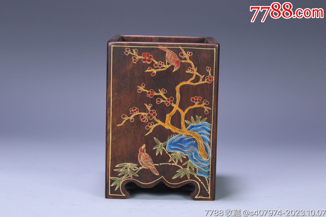 中国紫檀　文房四宝 晚清紫檀彩漆花鸟纹四方笔筒-笔筒-7788旧书网