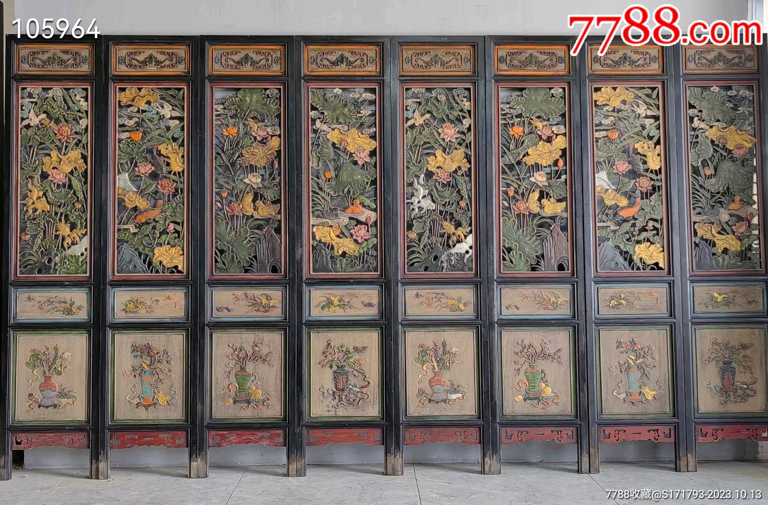 老香樟木门板8片一套,双面雕刻全彩绘,满雕荷花寓意合合美美,四季花鸟……-价格:16800元-se96685708-木门窗-零售-7788收藏 ...