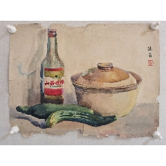 李咏森，上海画家水彩画《老陈醋》尺寸40x30，作品保真手绘，品相如图自然旧，中