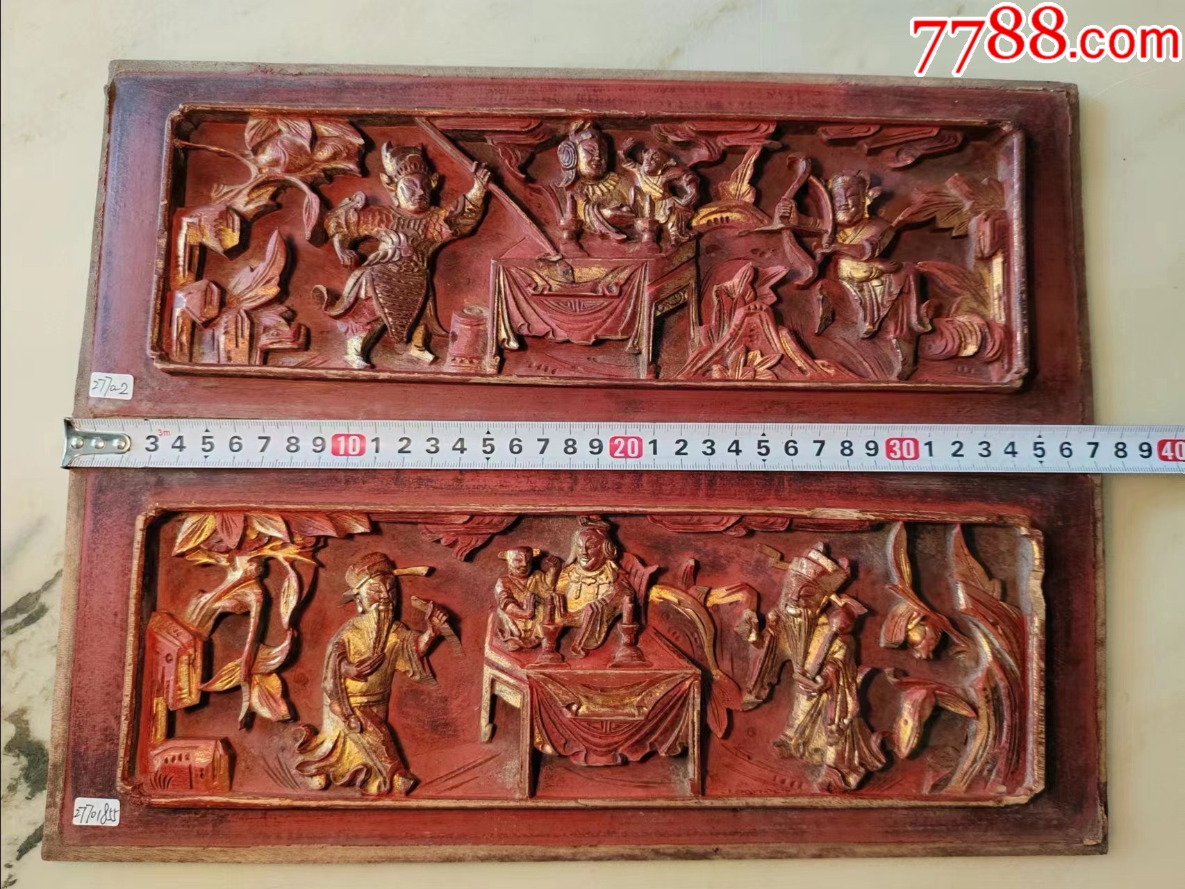 清代精品金漆木雕文武双全人物板子一对_木雕花板_配件图片_收藏价格_7788钟表收藏