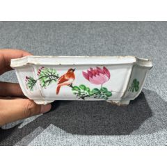 晚清民国粉彩花鸟诗文长方圆角四足水仙盆_旧瓷器_玩古怡情【7788