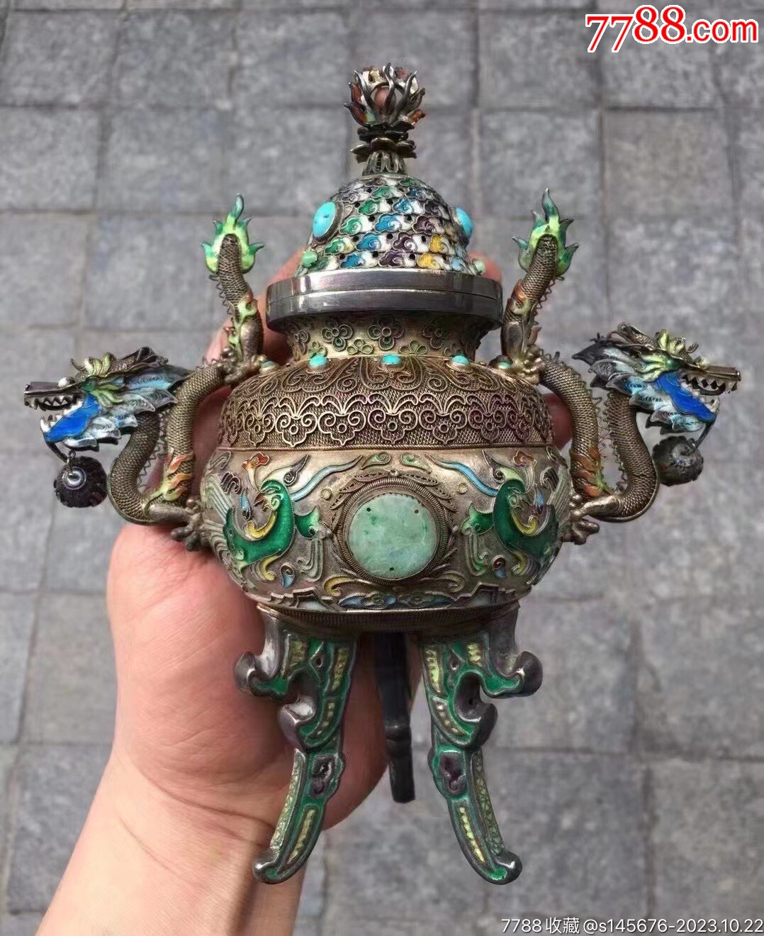 珐琅彩精致龙凤老银香炉-价格:9800元-se96868170-其他银器-零售-7788