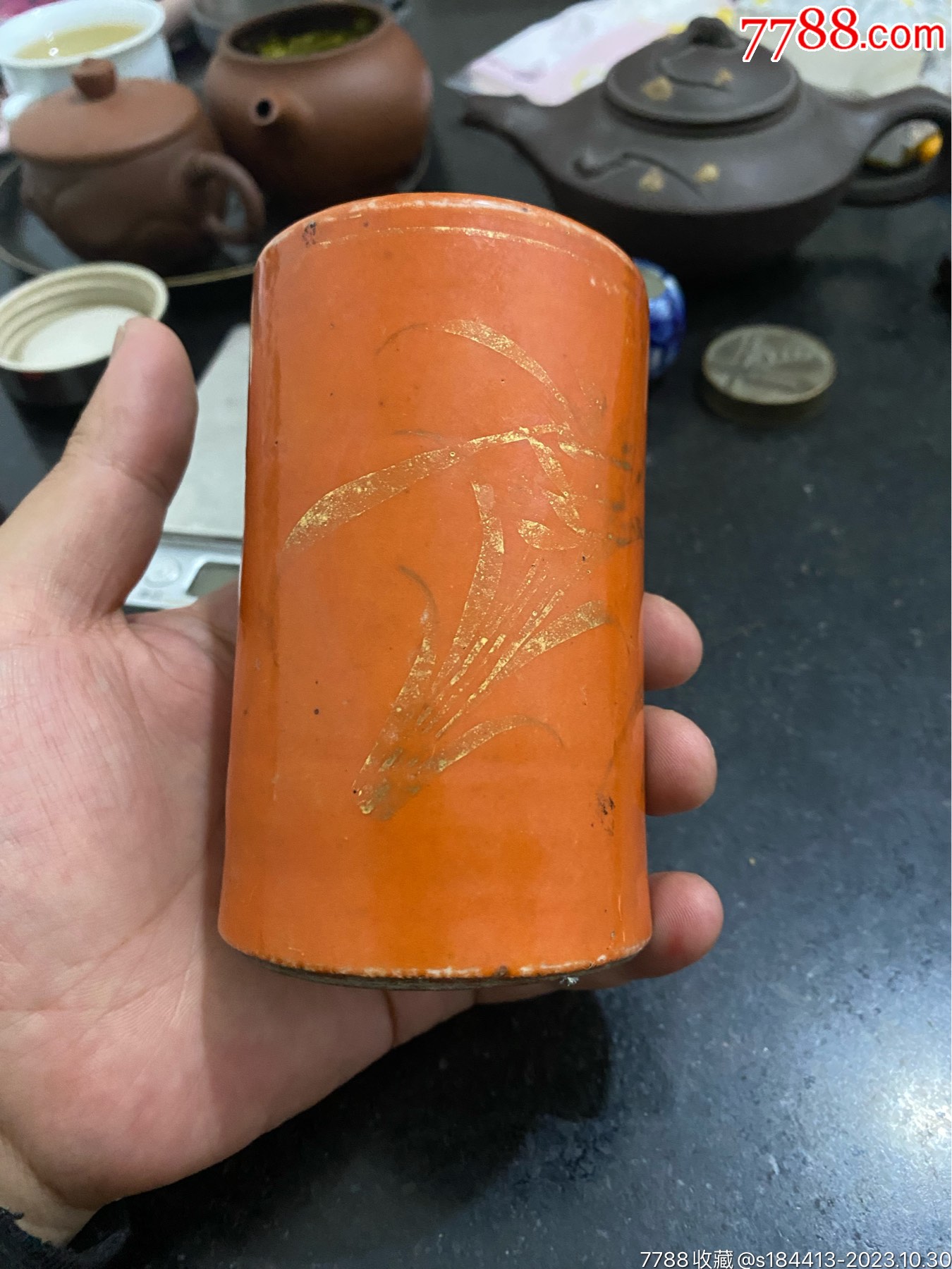 清代珊瑚红釉笔筒-红釉瓷-7788红宝书