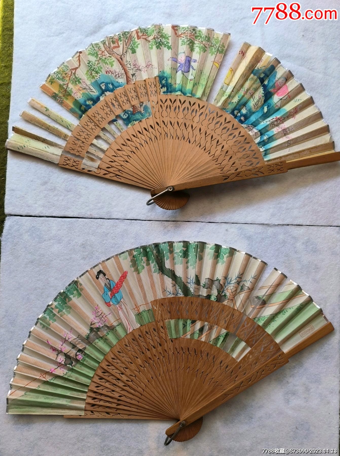 民国镂空扇骨手绘折扇两柄,扇骨不缺,品如图,需修补_其他扇子_红卫大队部【7788收藏__收藏热线】