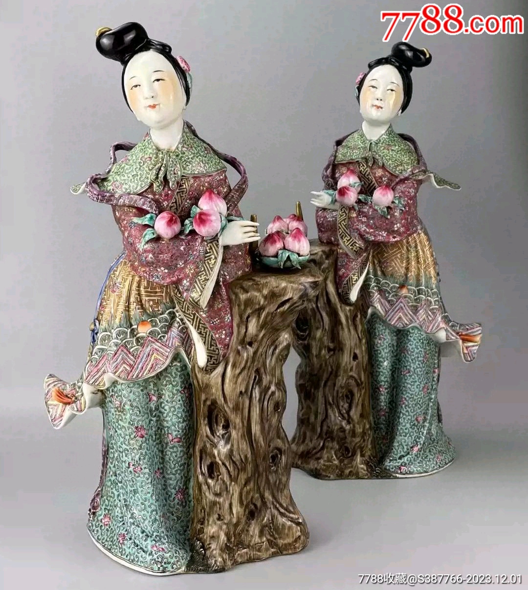 1370  中国 骨董　福建會館  游長子造　十錦 粉彩　漢人　置物　時代物 民国福建会馆粉彩人物瓷塑一对_旧瓷器_雷雷的店【7788旧书网】