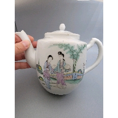 民国期 粉彩色絵『美人漢詩文』飾壺 水指 木製漆蓋付★時代物★茶事/茶道具 民国名家唐子桢手绘粉彩仕女图四方壶水壶茶壶民间老货